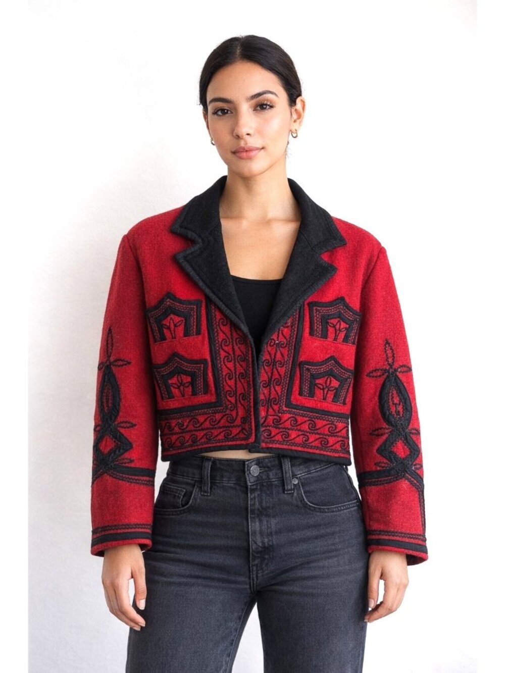 Vintage Guatemalan Solola Red Wool Embroidered Cropped Ethic Jacket M/L